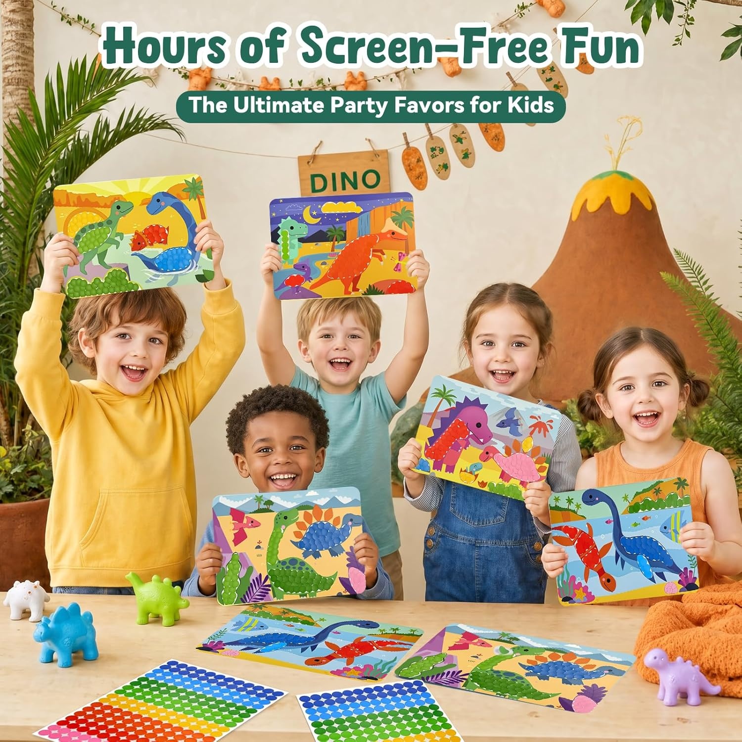 JoyCat 12 Pack Animal+ Dinosaur Dot Art Craft Kits for Kids Party Favors, Mess-Free Dot Sticker Activity Set with 2400+ Stickers & Goodie Bags, Goodie Bag Stuffers, Dino Toys for Ages 3-8