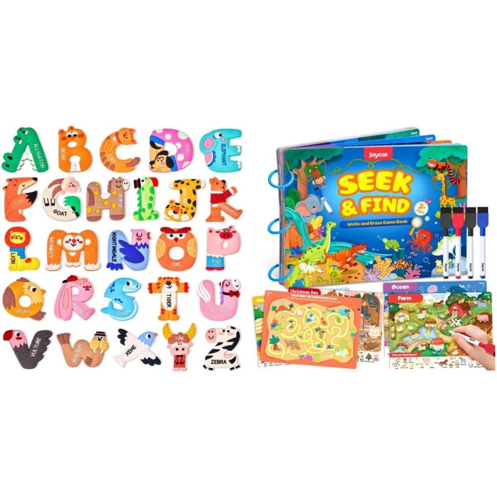 JoyCat Seek & Find Game Books – Preschool Learning Activity for Toddlers & Kids + 26 Large Soft PVC Uppercase Alphabet ABC Refrigerator Magnets, Cute for Baby