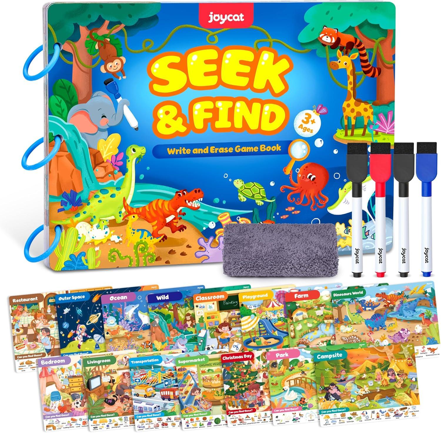 JoyCat Seek & Find Game Books – Preschool Learning Activity for Toddlers & Kids + 26 Large Soft PVC Uppercase Alphabet ABC Refrigerator Magnets, Cute for Baby