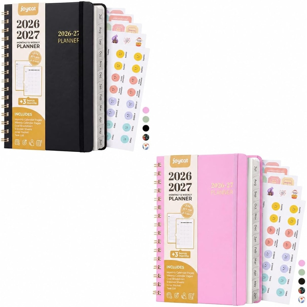 JoyCat Academic Black + Pink Planner 2026-2027, July 2026 – June 2027, A5 Weekly & Monthly Planner, Hardcover Agenda with Tabs, 5 Sticker Sheets, Elastic Closure & Pocket for Teachers & Students