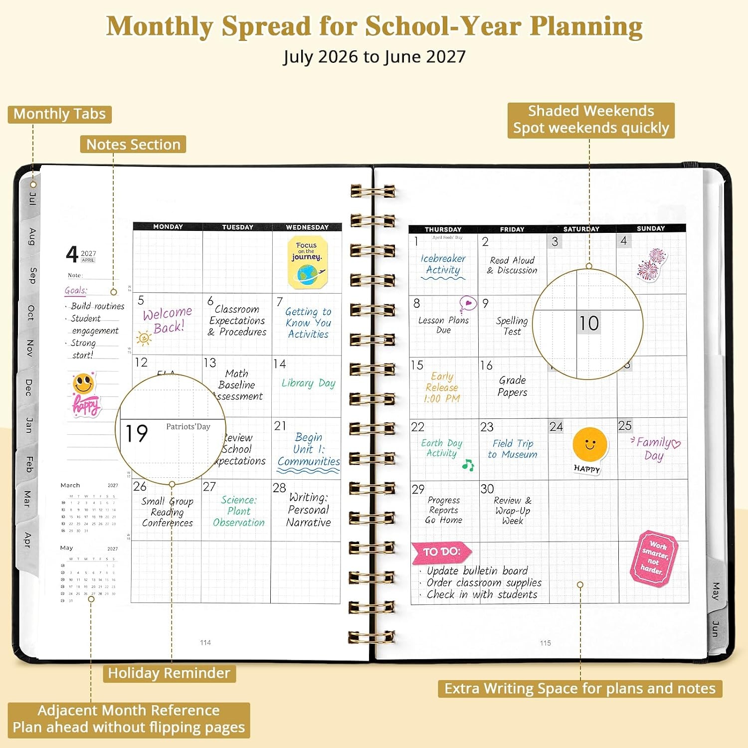 JoyCat Academic Black + Pink Planner 2026-2027, July 2026 – June 2027, A5 Weekly & Monthly Planner, Hardcover Agenda with Tabs, 5 Sticker Sheets, Elastic Closure & Pocket for Teachers & Students