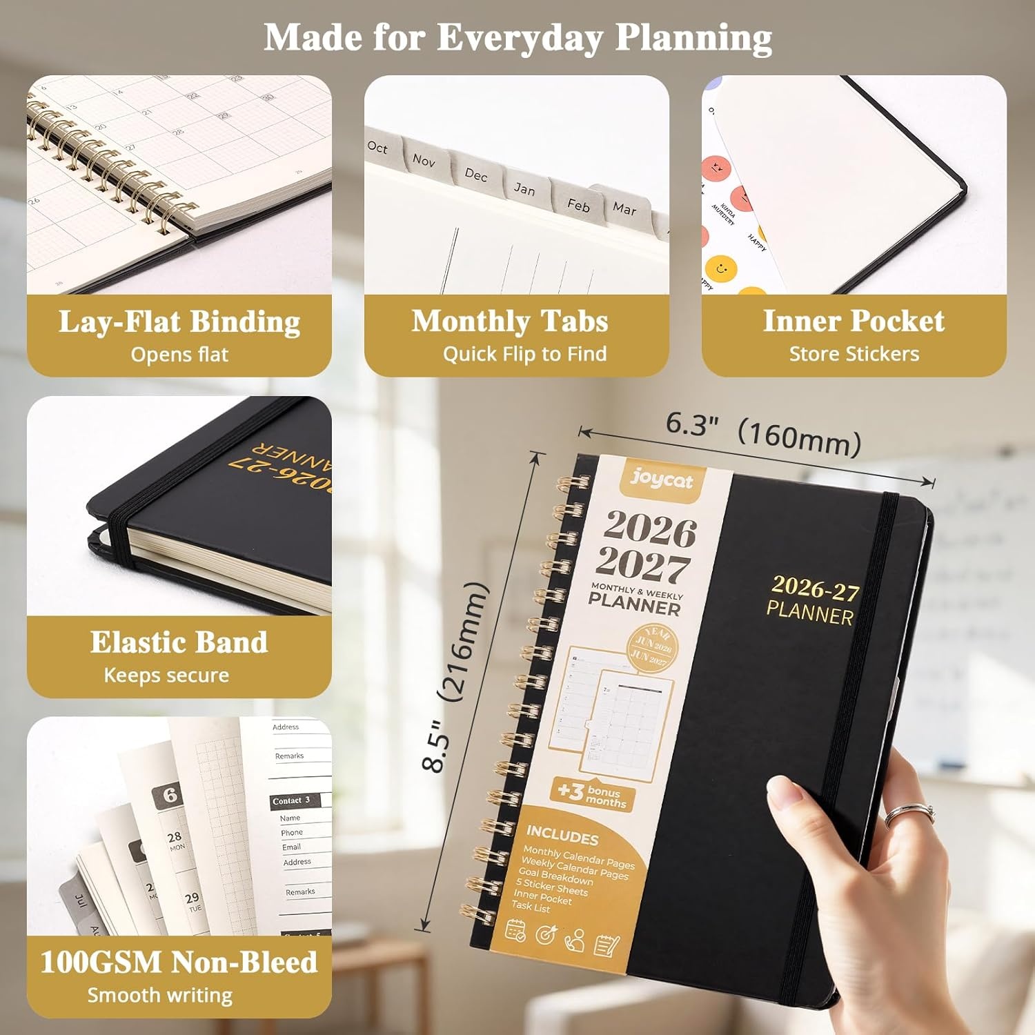 JoyCat 3 Ring Binder Black Clipboard + A5 Academic Planner 2026-2027, July 2026 – June 2027, A5 Weekly & Monthly Planner