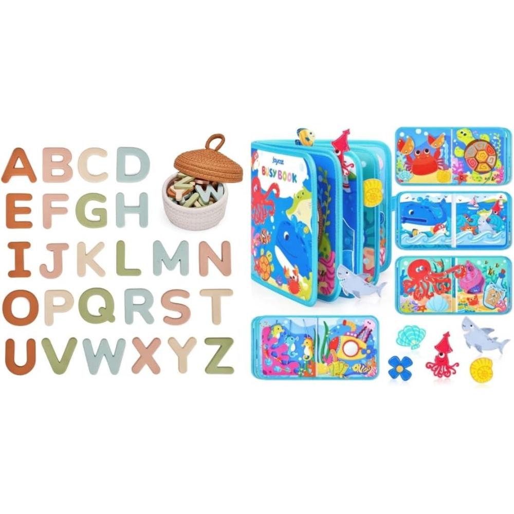 JoyCat Ocean Busy Book for Toddlers 1-3 – Travel Toy Activity Book for 1 2 3 Year Old Boys Girls + Silicone Alphabet Magnetic Letters, 26 Uppercase ABC Fridge Magnets for Toddlers & Kids
