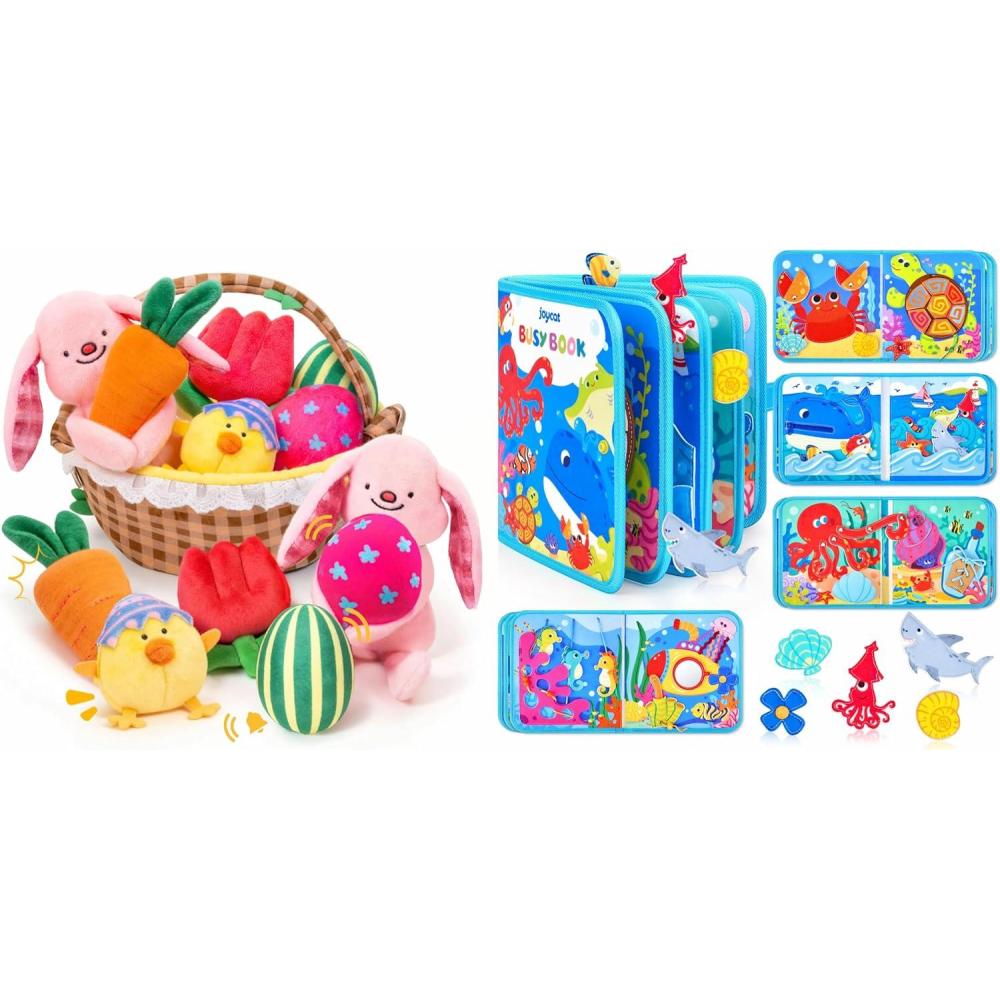 JoyCat Ocean Busy Book Baby My First Easter Basket, 6 PCS Plush Playset Stuffers with Bunny Chick Eggs Carrot Tulip Toys, Easter Party Favors Decorations Gifts Supplies for Baby Girls Boys