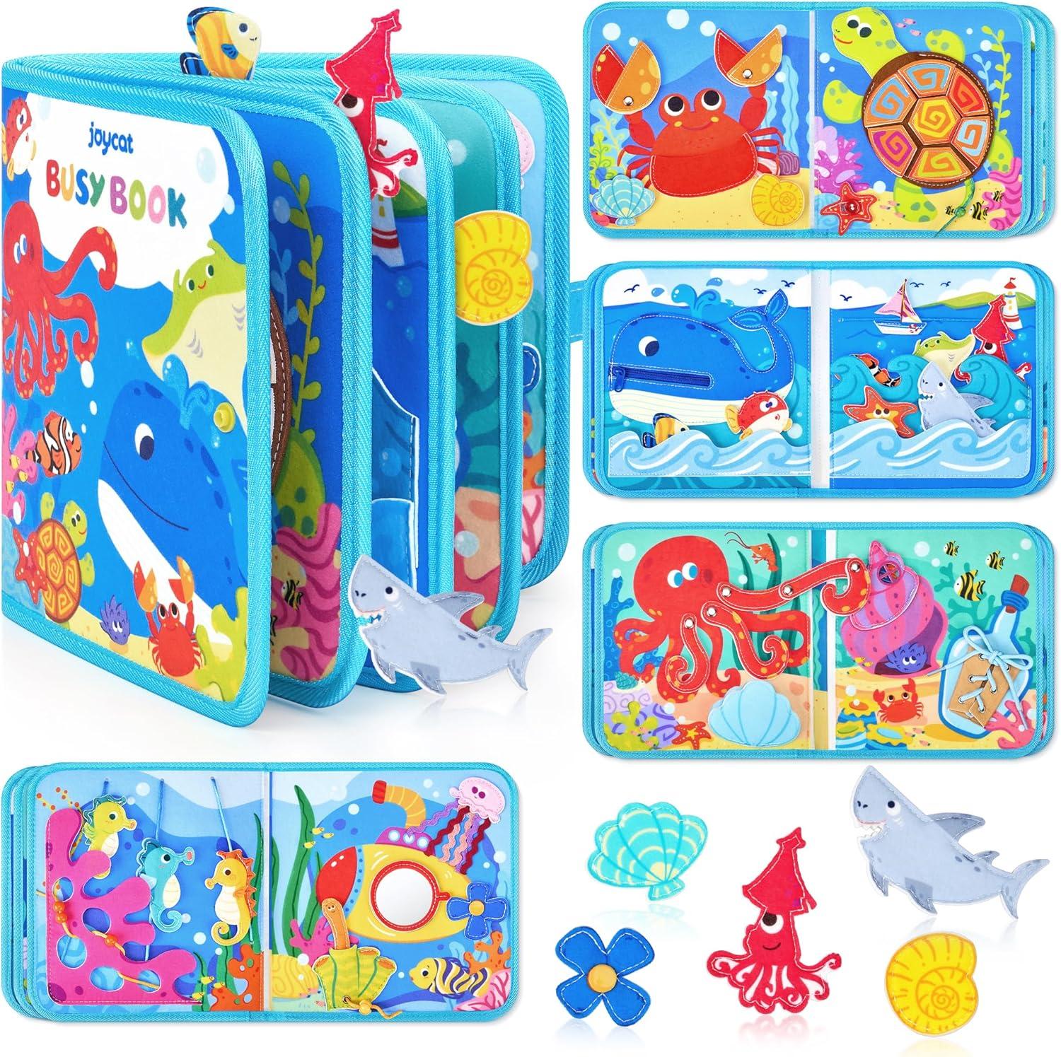 JoyCat Ocean Busy Book Baby My First Easter Basket, 6 PCS Plush Playset Stuffers with Bunny Chick Eggs Carrot Tulip Toys, Easter Party Favors Decorations Gifts Supplies for Baby Girls Boys