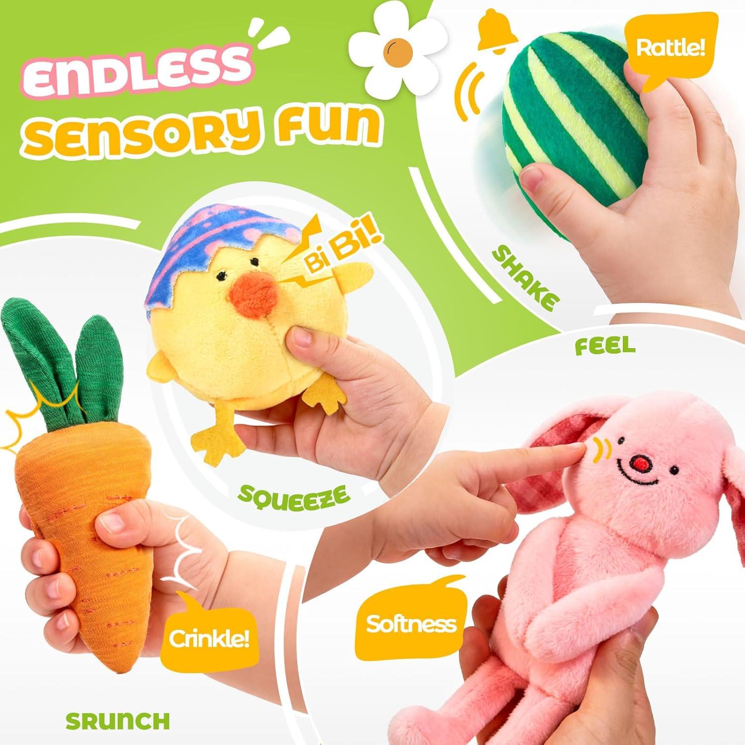JoyCat Ocean Busy Book Baby My First Easter Basket, 6 PCS Plush Playset Stuffers with Bunny Chick Eggs Carrot Tulip Toys, Easter Party Favors Decorations Gifts Supplies for Baby Girls Boys