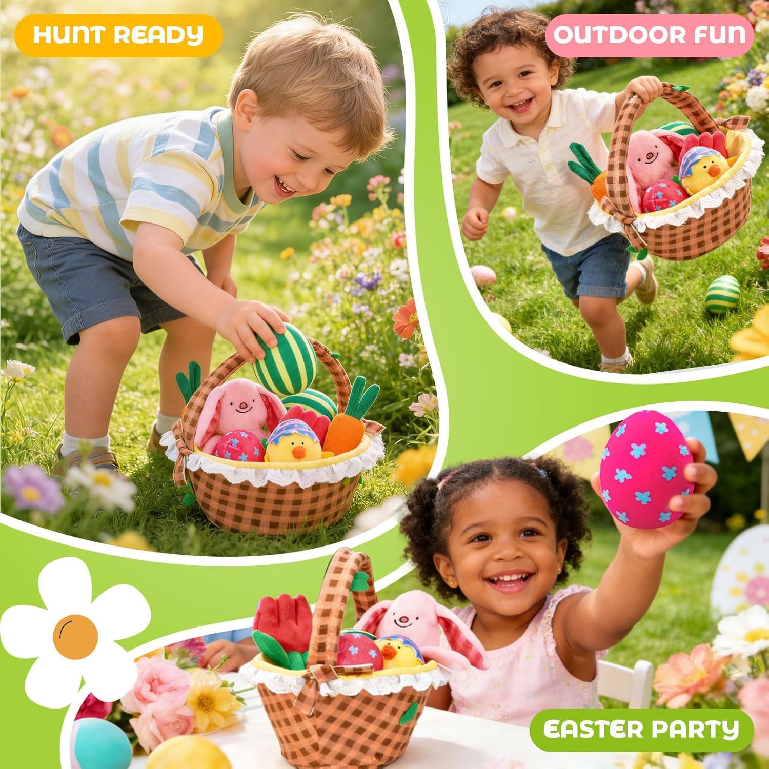 JoyCat Ocean Busy Book Baby My First Easter Basket, 6 PCS Plush Playset Stuffers with Bunny Chick Eggs Carrot Tulip Toys, Easter Party Favors Decorations Gifts Supplies for Baby Girls Boys