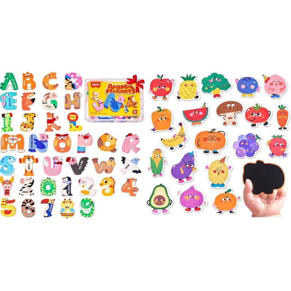 JoyCat Wooden Fridge Magnets-Letters and Numbers & Fruits & Vegetables Food Cartoon Magnets