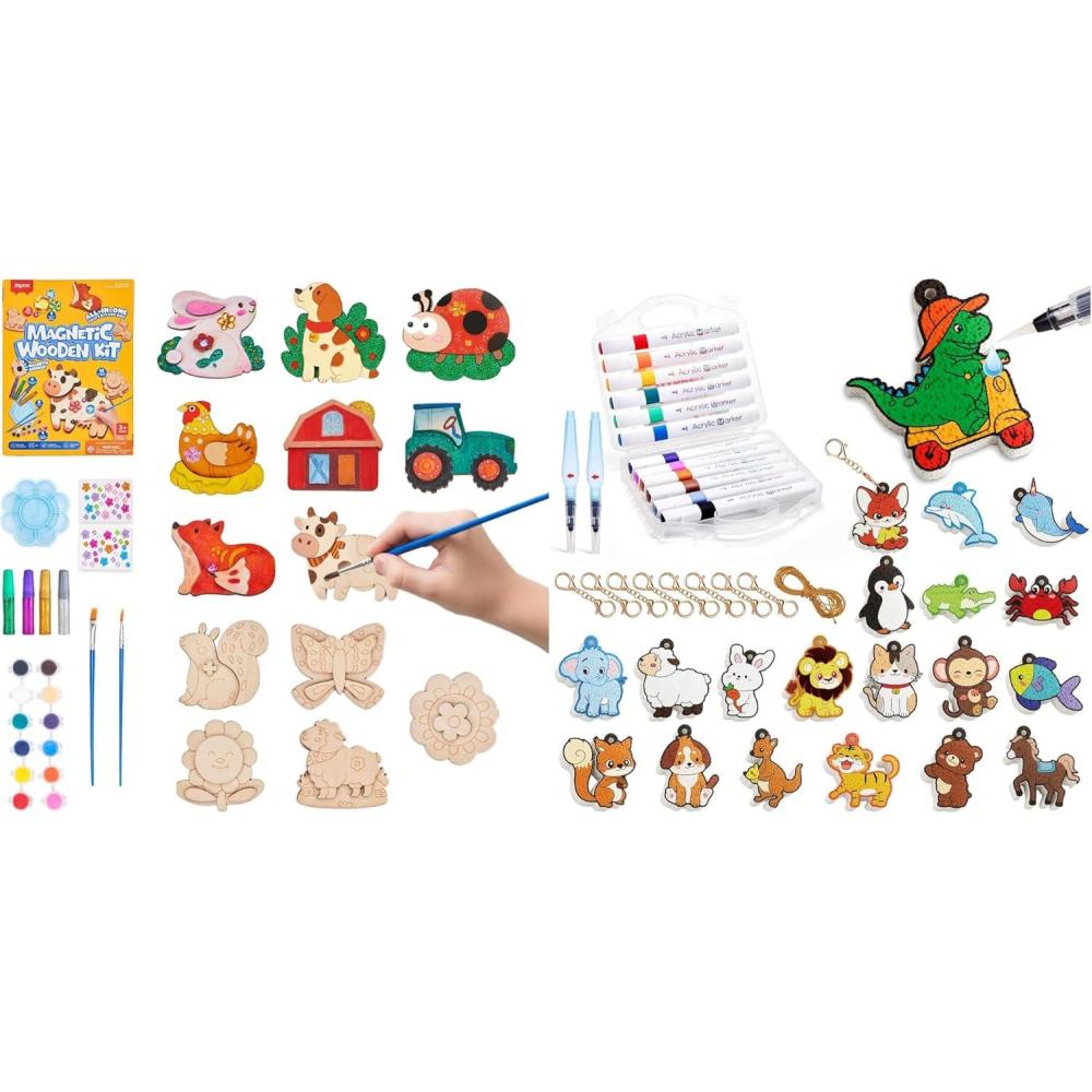 JoyCat DIY Wooden Magnets Kit + Animals Magic Puffy Paint Kit