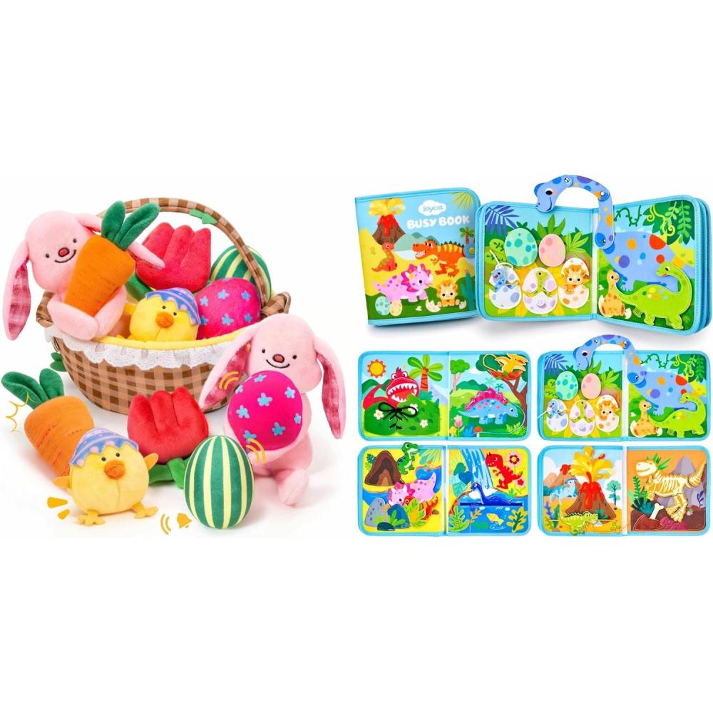 JoyCat Dinosaur Toddler Busy Book Baby My First Easter Basket, 6 PCS Plush Playset Stuffers with Bunny Chick Eggs Carrot Tulip Toys, Easter Party Favors Decorations Gifts Supplies for Baby Girl