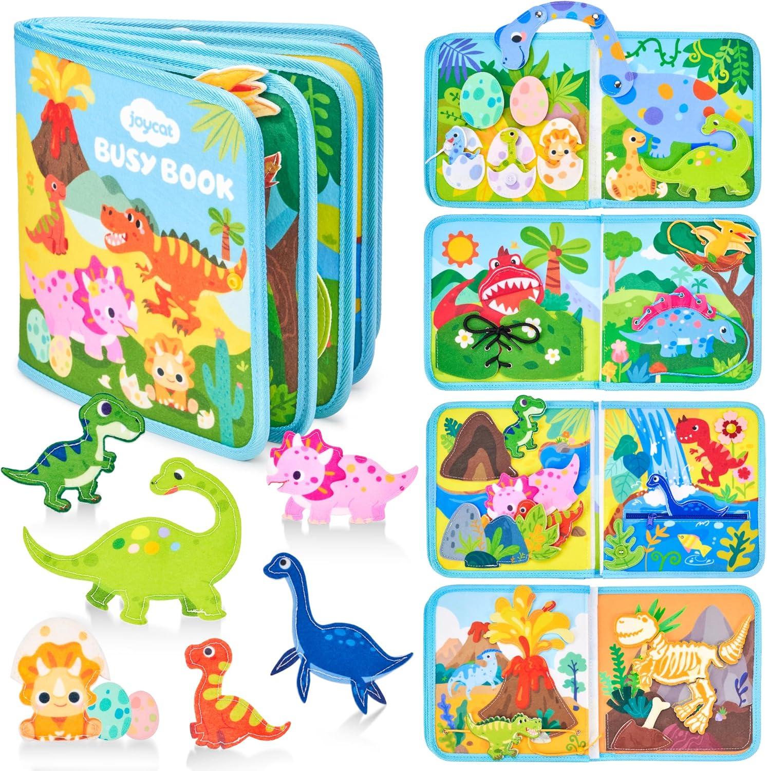 JoyCat Dinosaur Toddler Busy Book Baby My First Easter Basket, 6 PCS Plush Playset Stuffers with Bunny Chick Eggs Carrot Tulip Toys, Easter Party Favors Decorations Gifts Supplies for Baby Girl