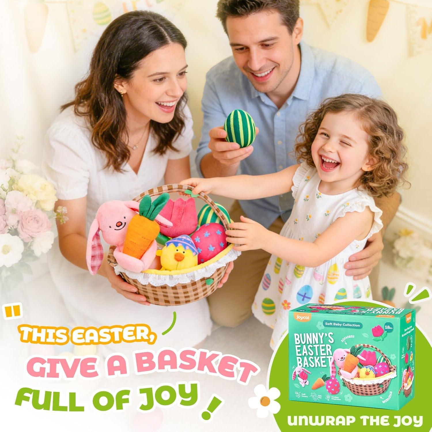 JoyCat Dinosaur Toddler Busy Book Baby My First Easter Basket, 6 PCS Plush Playset Stuffers with Bunny Chick Eggs Carrot Tulip Toys, Easter Party Favors Decorations Gifts Supplies for Baby Girl