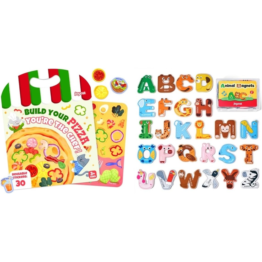 JoyCat Reusable Sticker Book – Jelly Stickers for Toddlers, Kids Sticker Activity Book + Wooden Thick Alphabet Magnets