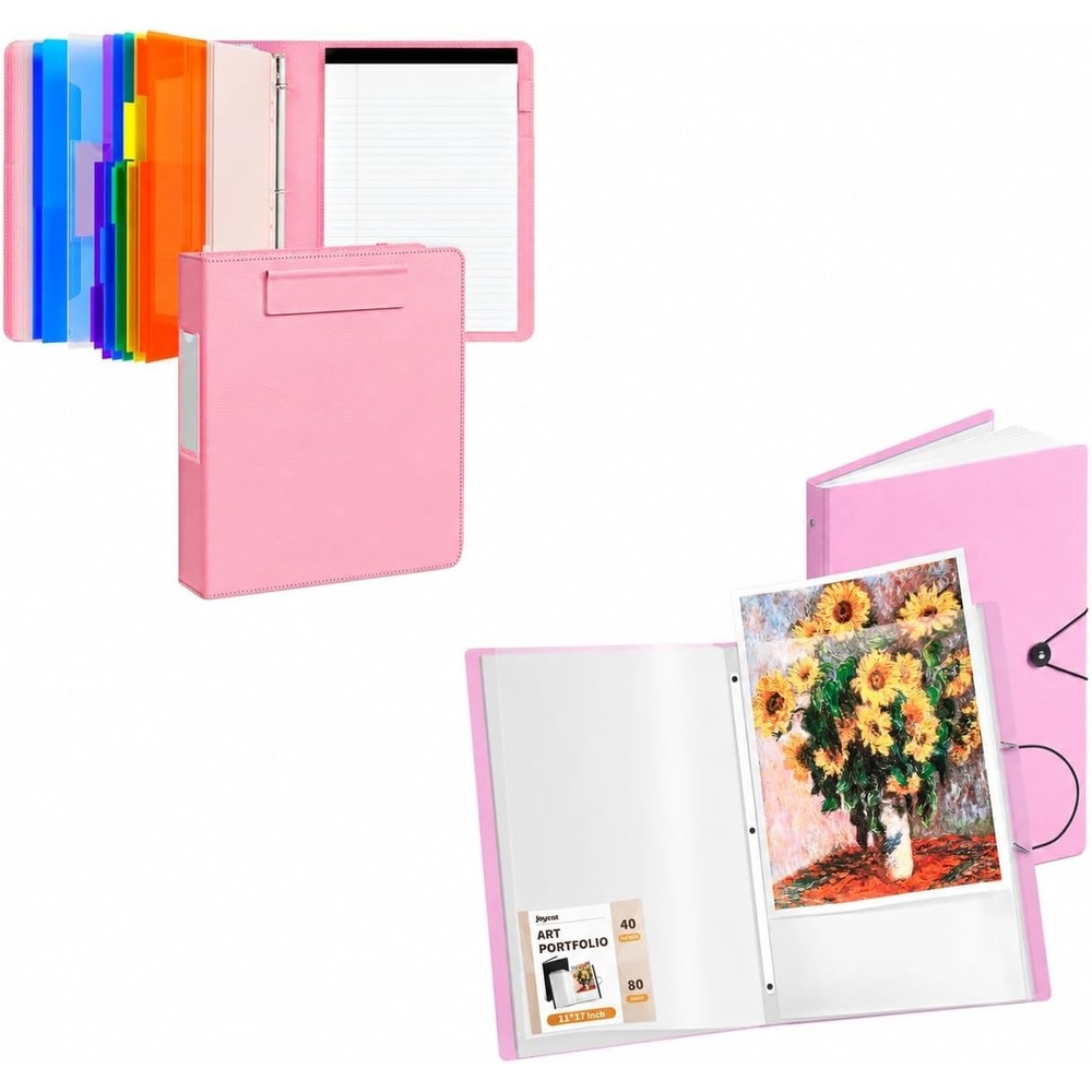 JoyCat 3 Ring Binder Pink Clipboard + Pink 11″x17″ Art Portfolio Binder, 40 Pockets Art Folder with Clear View Pages, 80 Sheets Presentation Binder