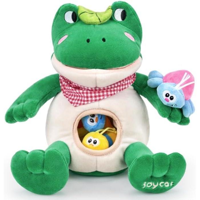 JoyCat Montessori Baby Toys 6-12 Months, Soft Frog Sensory Toy for Infants 0-3 Years, Stuffed Animal with 4 Rattle Crinkle Squeaker Insects & Baby Safe Mirror, Teething Toy for Toddlers Newborn Gift