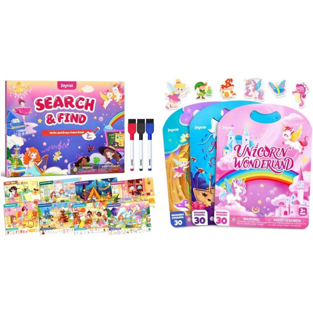 JoyCat Search and Find Activity Book Reusable Sticker Book Set (3-Pack): Unicorn, Fairies, Mermaid – 90 Pcs Stickers for Toddlers