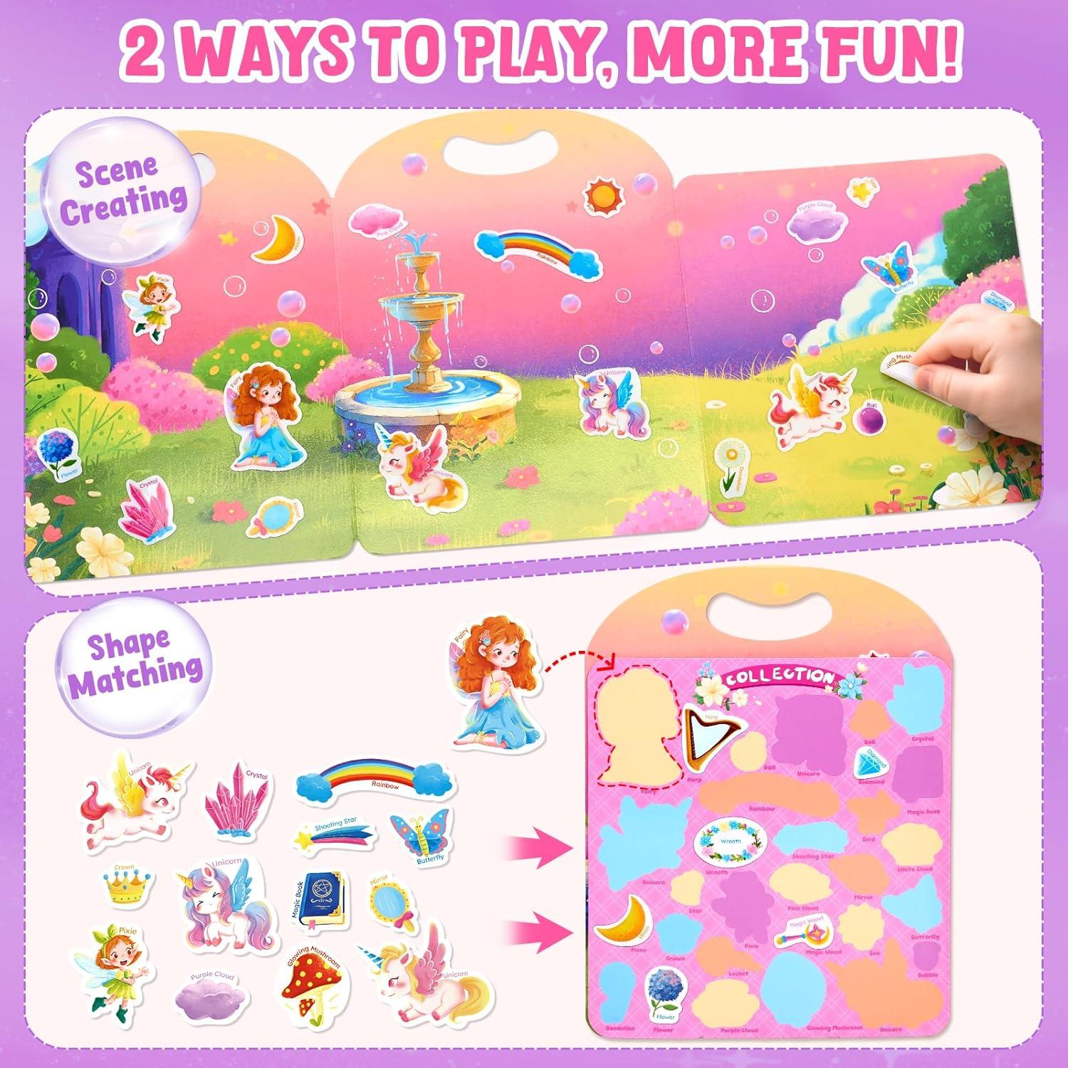 JoyCat Search and Find Activity Book Reusable Sticker Book Set (3-Pack): Unicorn, Fairies, Mermaid – 90 Pcs Stickers for Toddlers