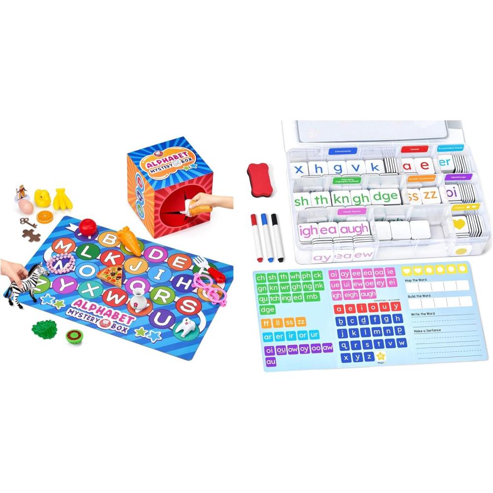 JoyCat Mystery Alphabet Box+Phonics Word Magnetic Letter Tiles-JoyCat 265 Alphabet Tiles, Magnetic Letters Kit with Word-Building Folder and Storage Case, Kindergarten Phonics Awareness, Science of Re