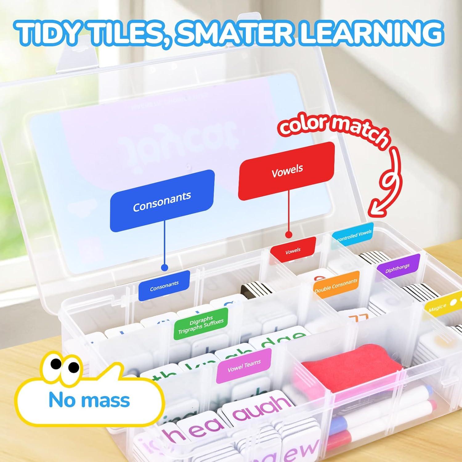 JoyCat Mystery Alphabet Box+Phonics Word Magnetic Letter Tiles-JoyCat 265 Alphabet Tiles, Magnetic Letters Kit with Word-Building Folder and Storage Case, Kindergarten Phonics Awareness, Science of Re