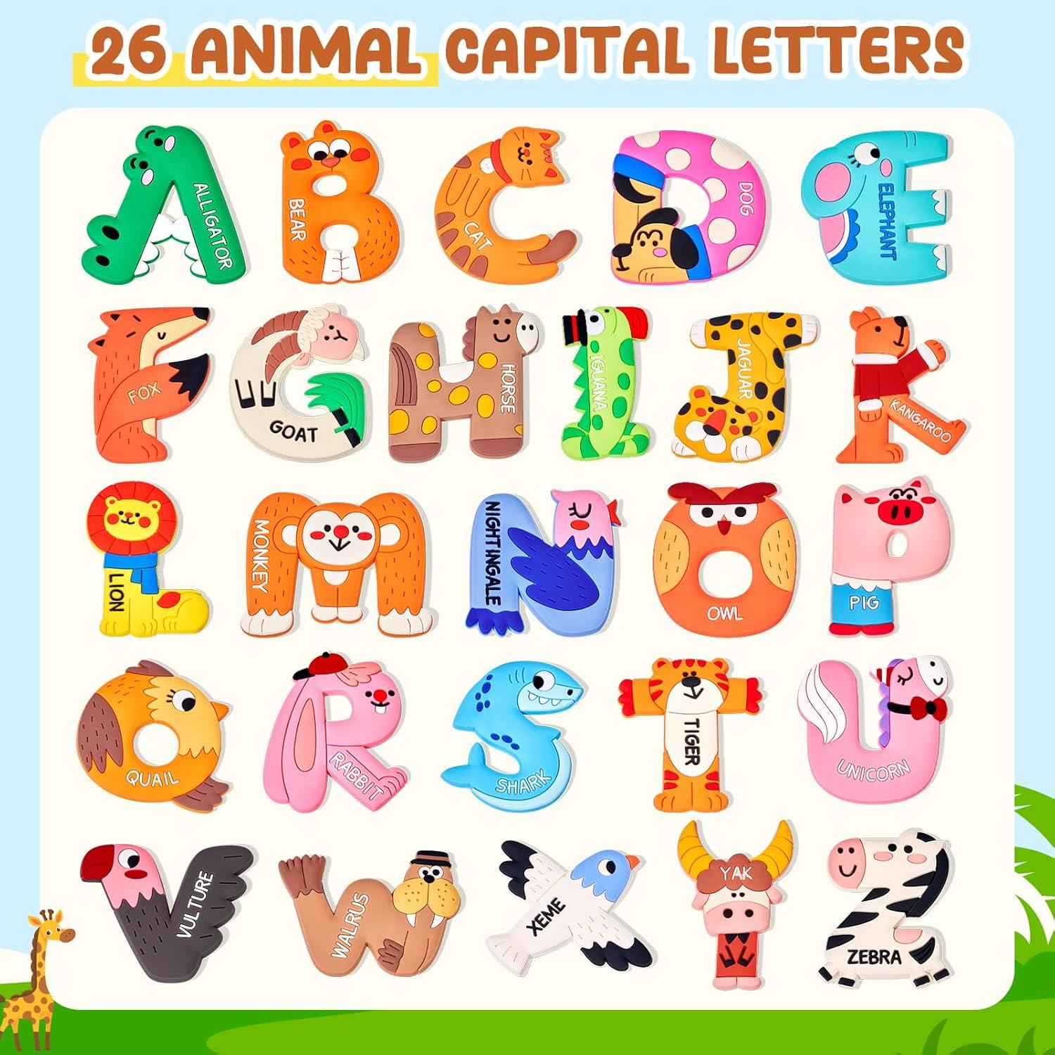 JoyCat Wooden Thick Alphabet Magnets, 26 Uppercase Letters + 26 Large Soft PVC Uppercase Alphabet ABC Refrigerator Magnets, Preschool Educational Learning Toys, Cute for Baby
