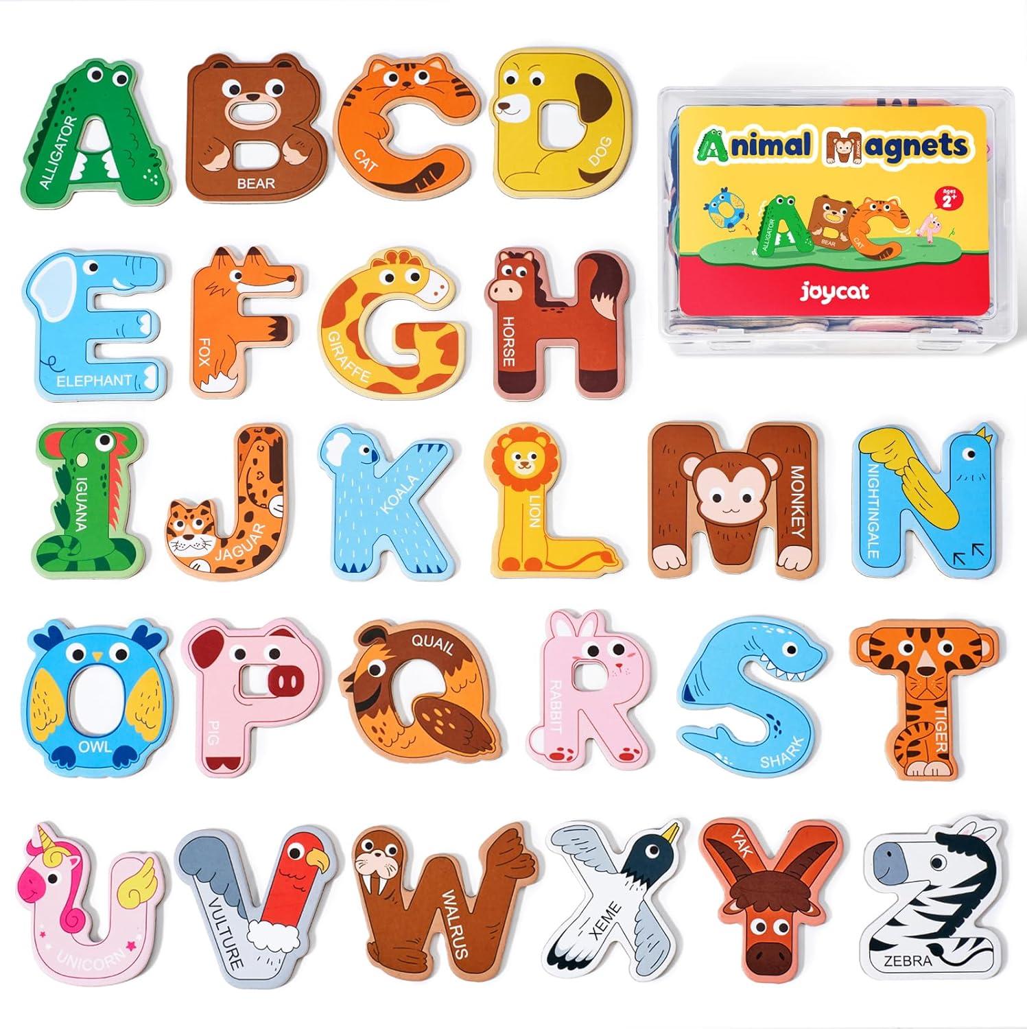 JoyCat Wooden Thick Alphabet Magnets, 26 Uppercase Letters + 26 Large Soft PVC Uppercase Alphabet ABC Refrigerator Magnets, Preschool Educational Learning Toys, Cute for Baby