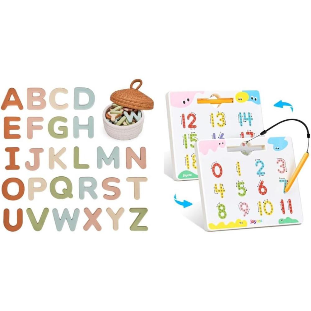 JoyCat Double-Sided Magnetic Number Tracing Board – 2-in-1 Numbers 1-20 Writing Toys + Silicone Alphabet Magnetic Letters, 26 Uppercase ABC Fridge Magnets for Toddlers & Kids