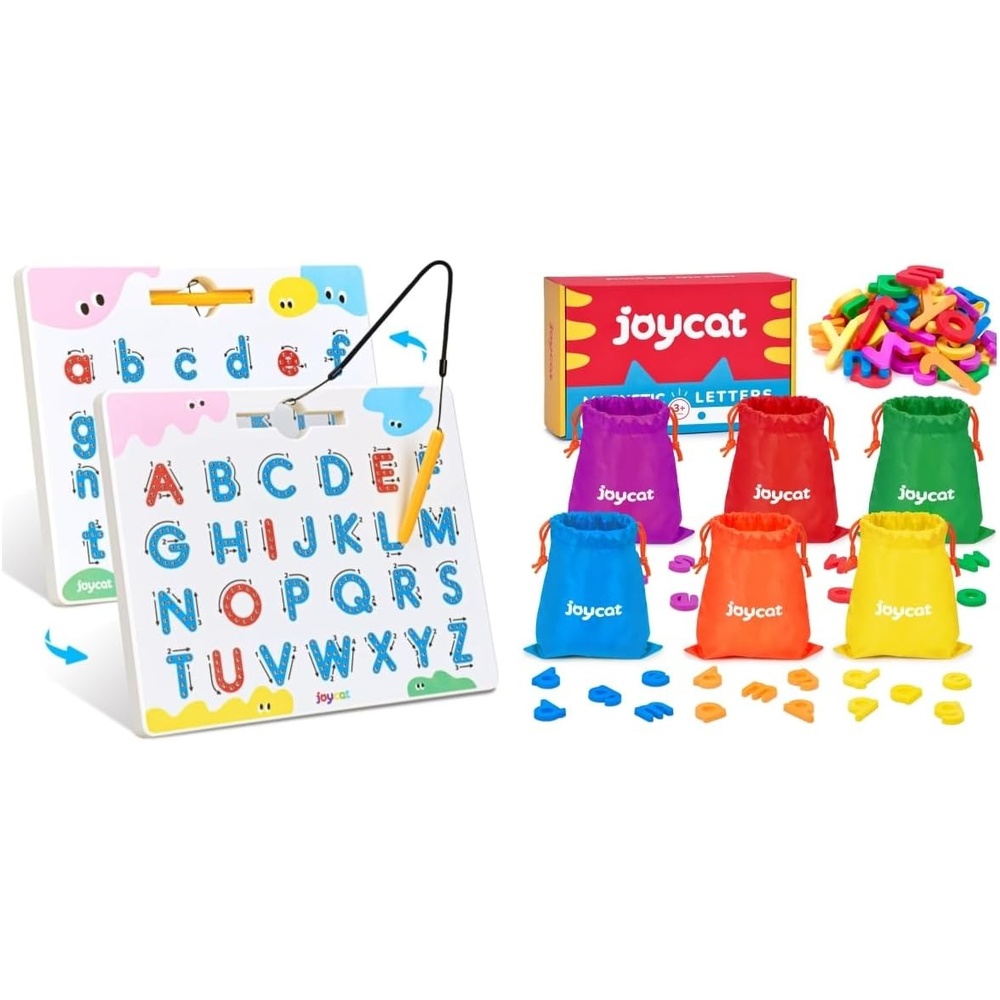 JoyCat Magnetic Letters, 312 Pieces Lowercase Alphabet Fridge Magnets + Magnetic Letter Tracing Board, 2-in-1 Double-Sided ABC Magnets for Kids Ages 3-5, Uppercase & Lowercase Letter Writing Practice
