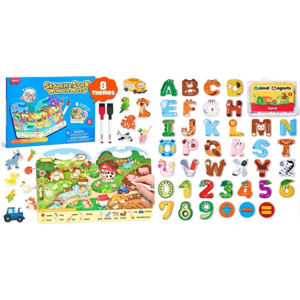 JoyCat Wooden Thick Alphabet Magnets + JoyCat Search and Find Activity Mats, Reusable Sticker Books for Toddlers with 120+ Jelly Stickers