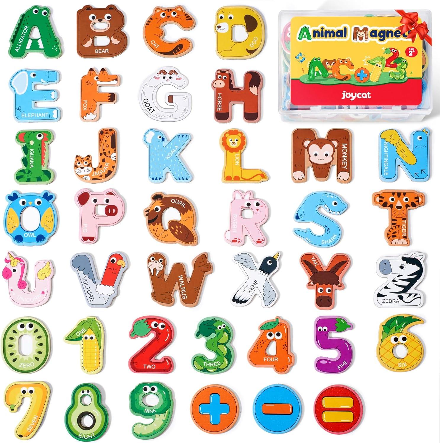 JoyCat Wooden Thick Alphabet Magnets + JoyCat Search and Find Activity Mats, Reusable Sticker Books for Toddlers with 120+ Jelly Stickers