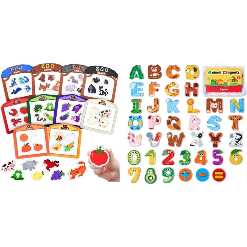JoyCat Color Sorting Sensory Toys + Wooden Thick Alphabet Magnets for Toddlers Fridge Large Size Cute Animal Colorful ABC Magnetic Letters 26 Uppercase Letters 0-9 Numbers Toy Set