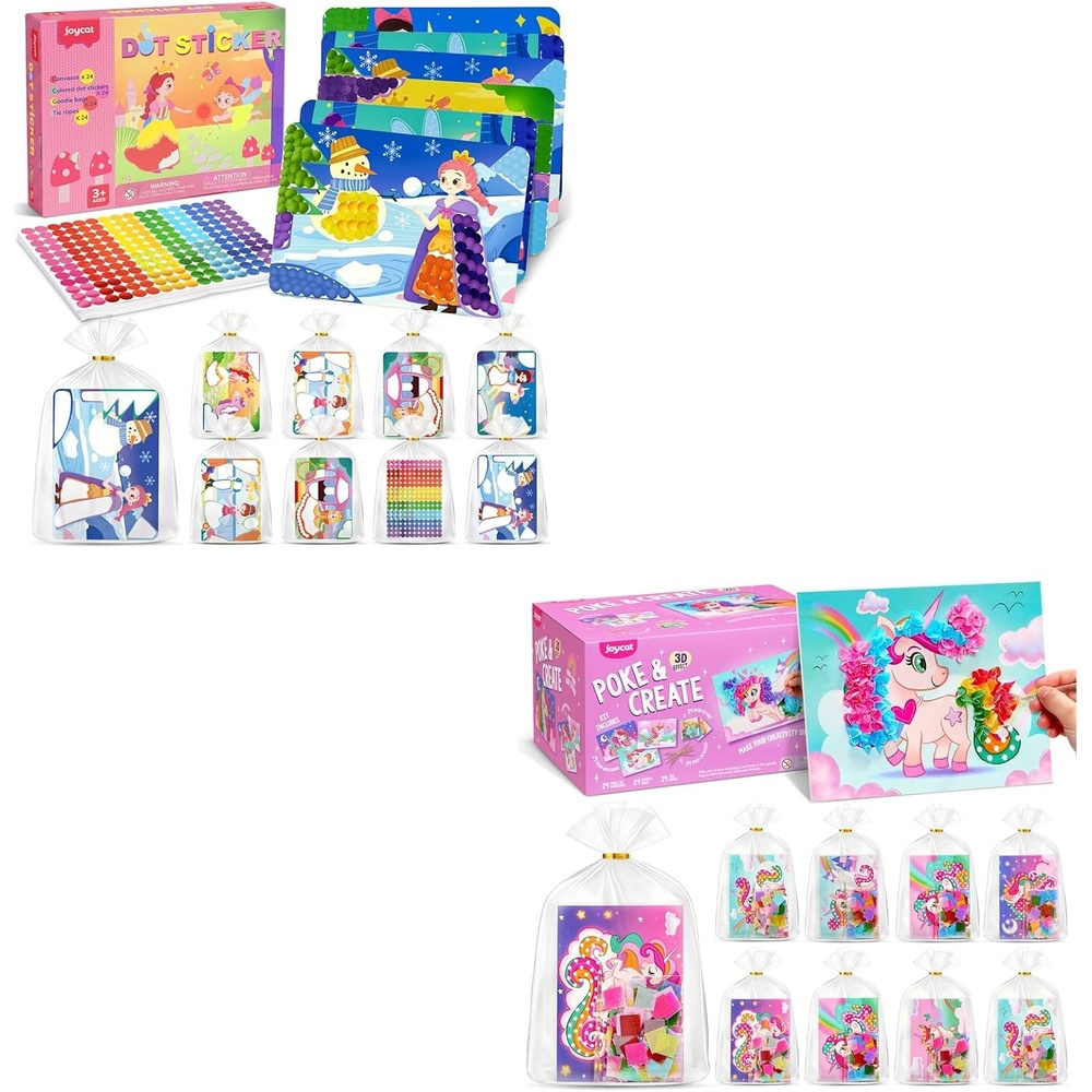 JoyCat 24 Pack Princess Dot Art + DIY Poke Art for Kids Party Favors, Mess-Free Dot Sticker Activity Set with 4800+ Stickers & Goodie Bags, Goodie Bag Stuffers,Princess Toys for Ages 3-8