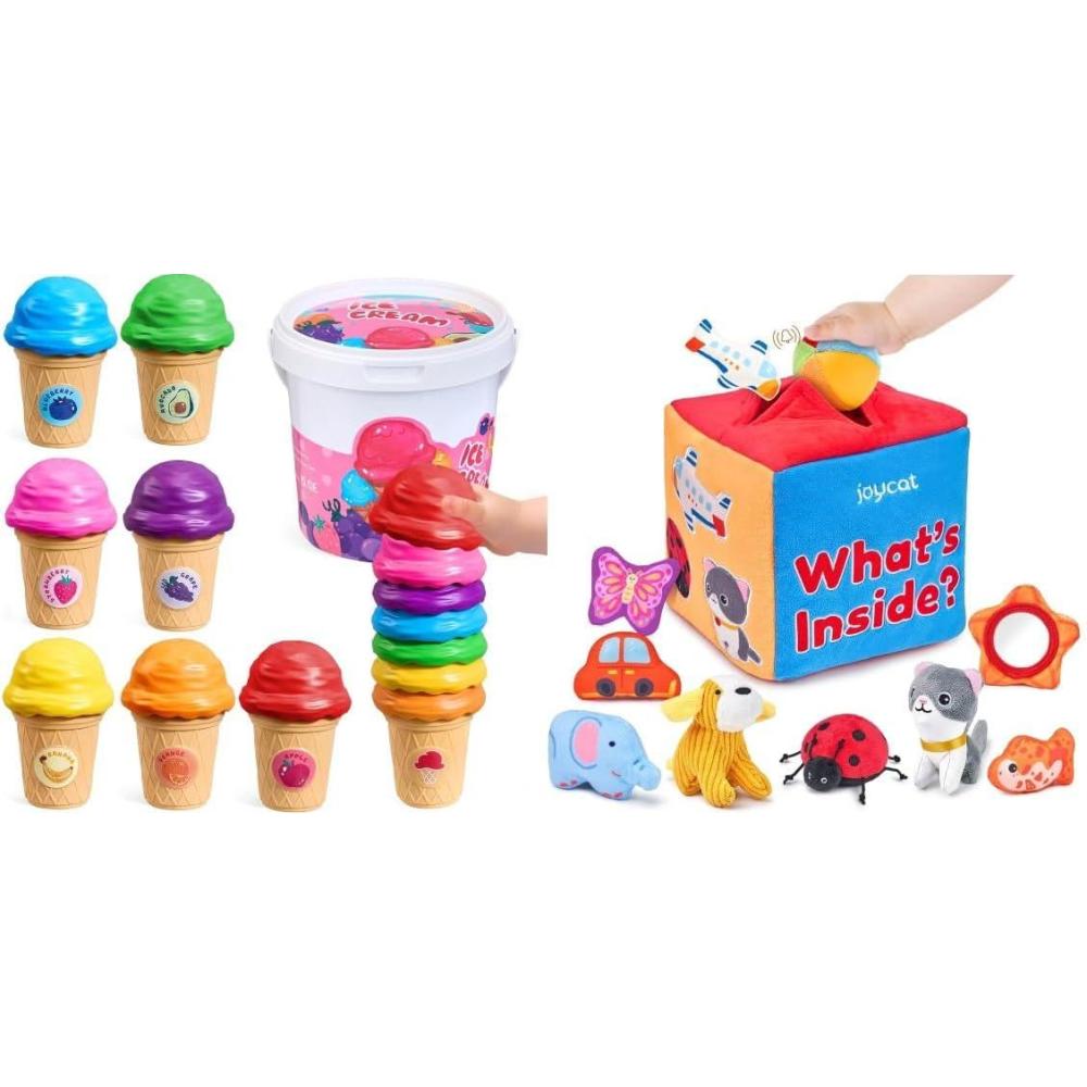 JoyCat Baby Toys 6-12 Months – Mystery Soft Box with 10 Sensory Objects, Rattle, Crinkle Paper, Mirror + Ice Cream Toys for Toddlers, Color Recognition Stacking Play Set with 7 Matching Cones & Scoops