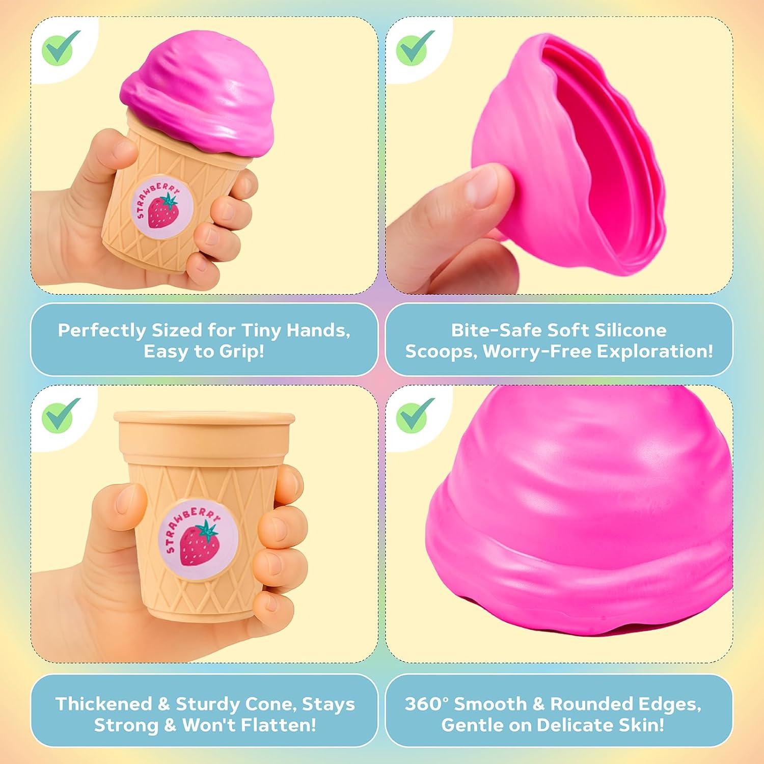 JoyCat Baby Toys 6-12 Months – Mystery Soft Box with 10 Sensory Objects, Rattle, Crinkle Paper, Mirror + Ice Cream Toys for Toddlers, Color Recognition Stacking Play Set with 7 Matching Cones & Scoops