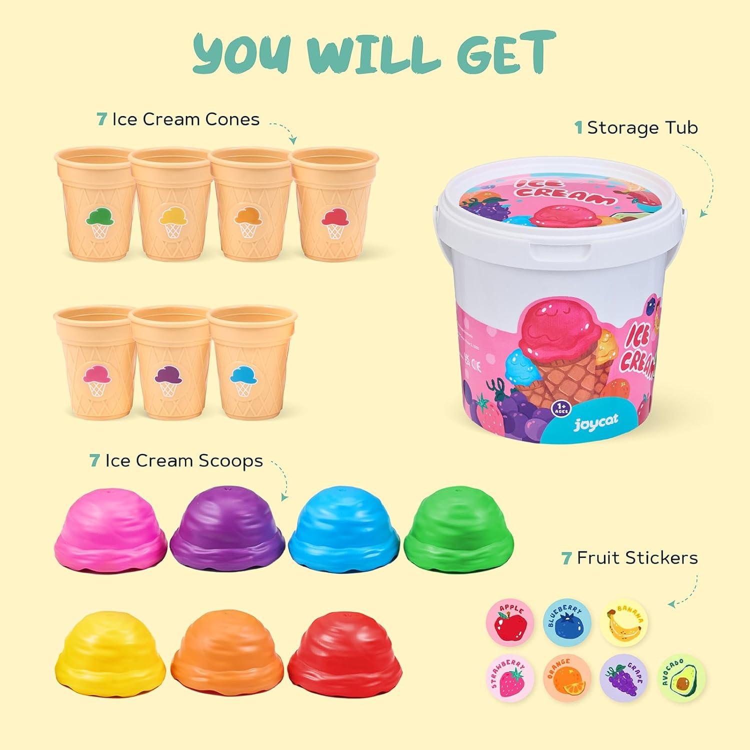 JoyCat Baby Toys 6-12 Months – Mystery Soft Box with 10 Sensory Objects, Rattle, Crinkle Paper, Mirror + Ice Cream Toys for Toddlers, Color Recognition Stacking Play Set with 7 Matching Cones & Scoops
