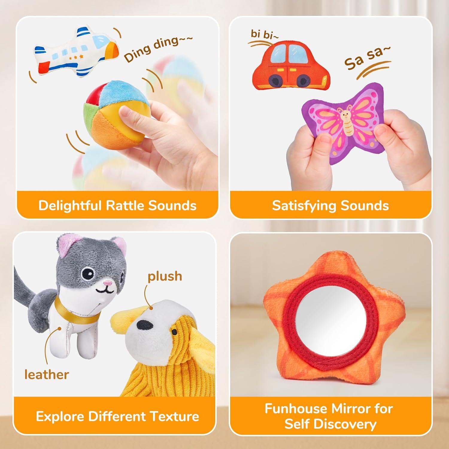 JoyCat Baby Toys 6-12 Months – Mystery Soft Box with 10 Sensory Objects, Rattle, Crinkle Paper, Mirror + Ice Cream Toys for Toddlers, Color Recognition Stacking Play Set with 7 Matching Cones & Scoops