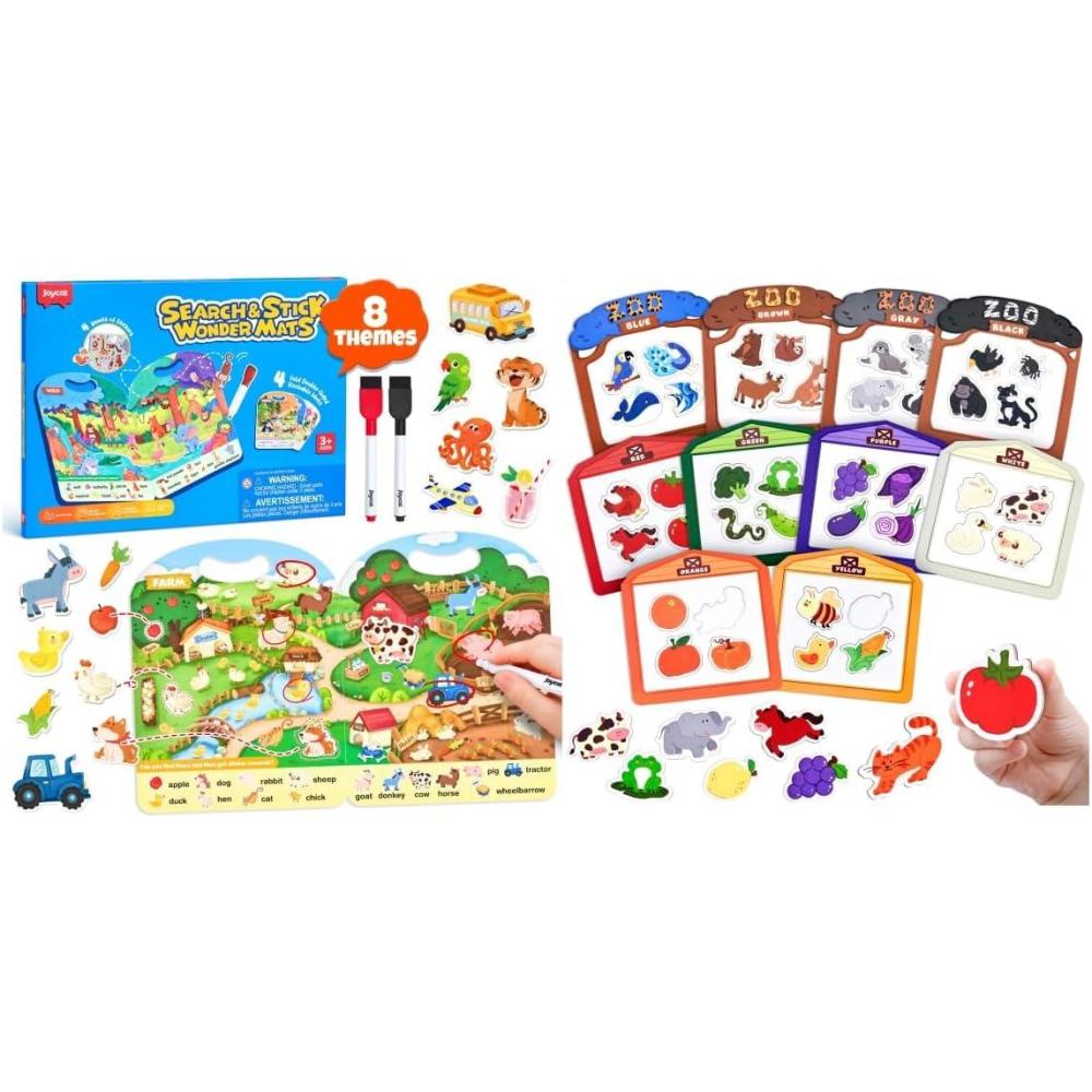 JoyCat Wooden Fridge Magnets for Toddlers, 50PCS Magnetic Color Sorting Refrigerator Toys + JoyCat Search and Find Activity Mats, Reusable Sticker Books for Toddlers with 120+ Jelly Stickers