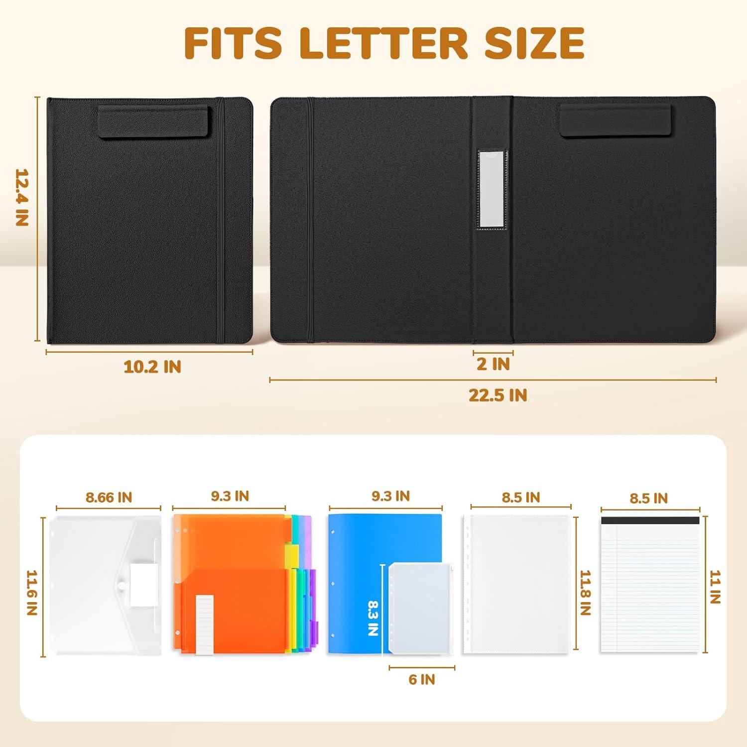 JoyCat 3 Ring Binder Clipboard with Storage, 12.4″x10.2″Magnetic Clipboard Folder with 5 Expandable Folders, Refillable Lined Notepad (8.5X11 Inch), for School Office Nursing(Black & Khaki)