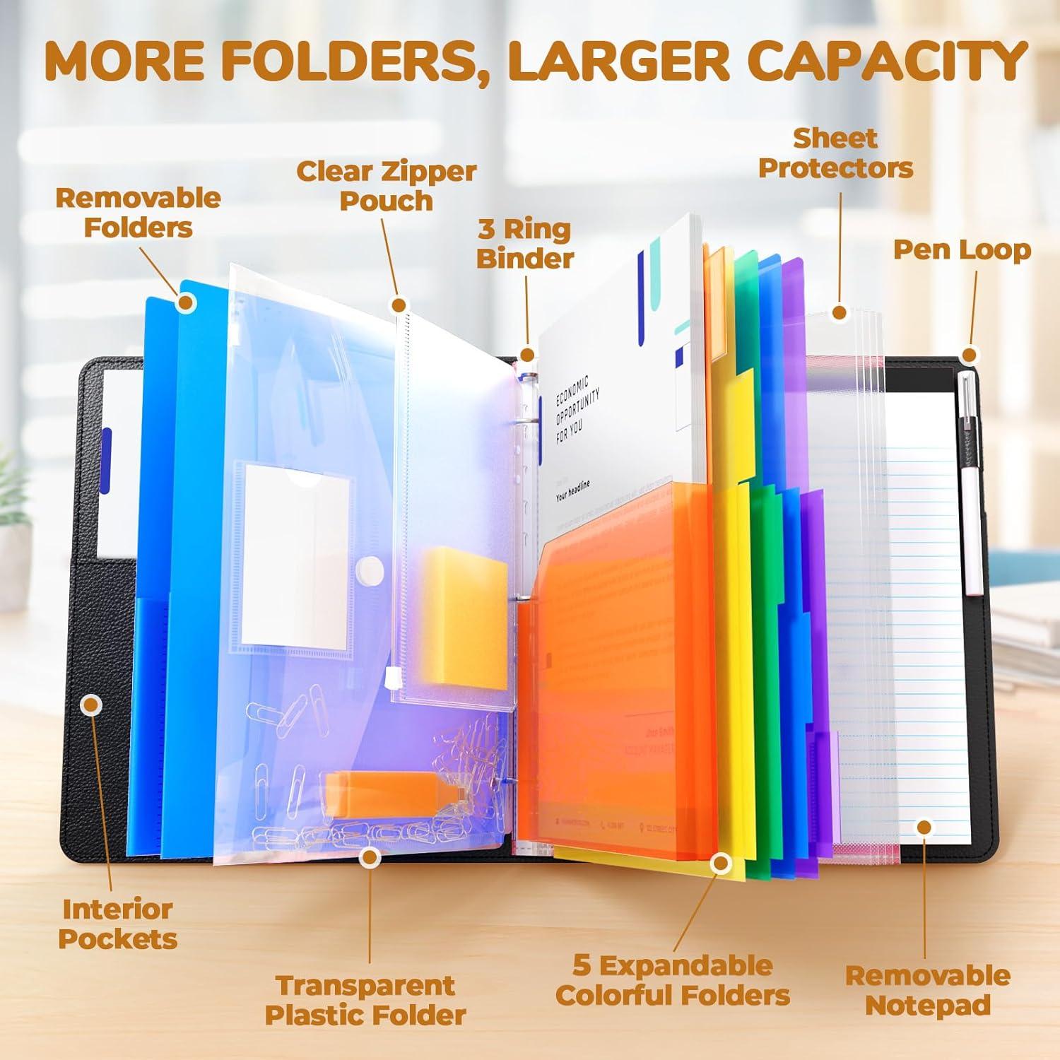 JoyCat 3 Ring Binder Clipboard with Storage, 12.4″x10.2″Magnetic Clipboard Folder with 5 Expandable Folders, Refillable Lined Notepad (8.5X11 Inch), for School Office Nursing(Black & Blue)