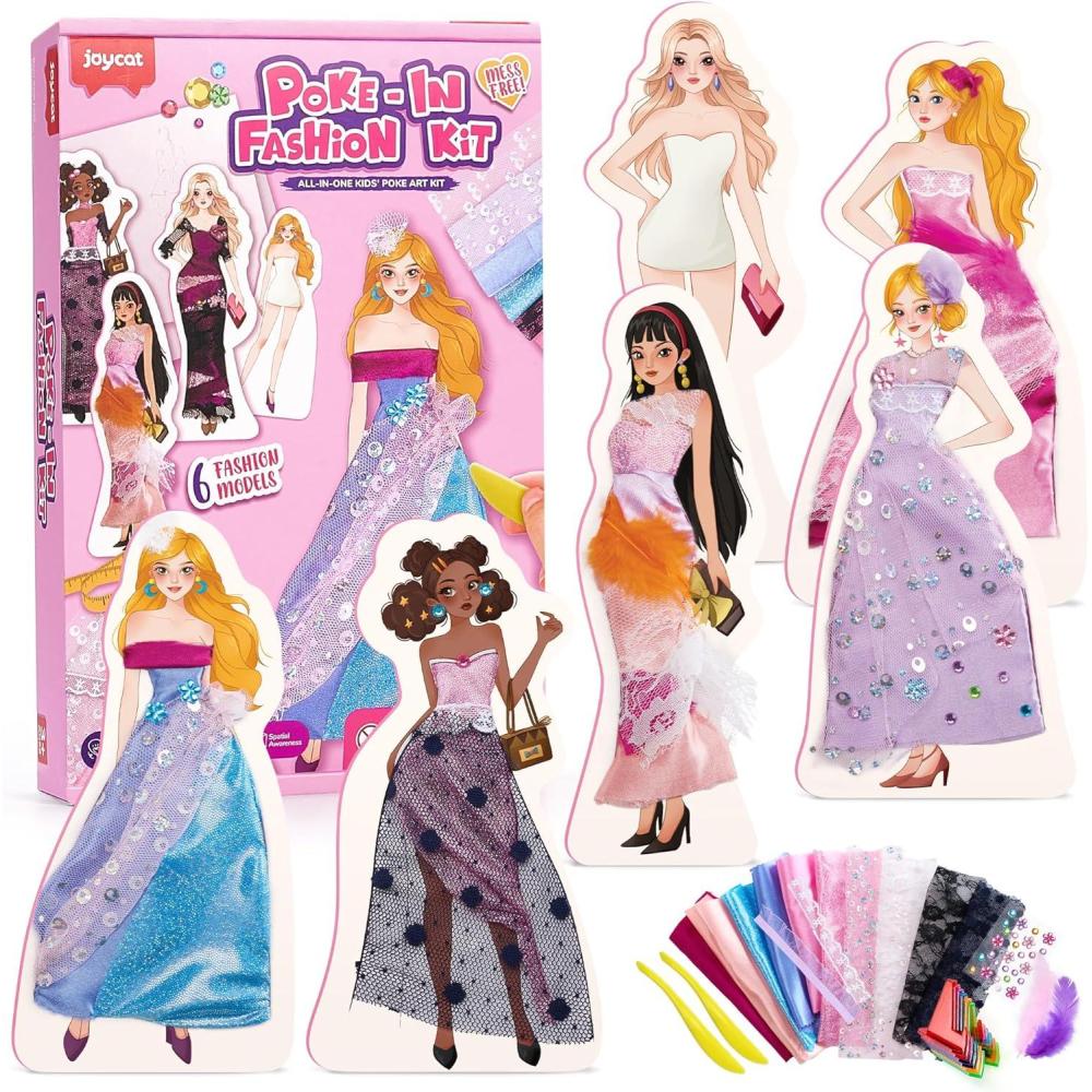 Poke-in Craft Kit for Girls, 3D Castle Princess Dress Up DIY Set with Fairy Tale Castle Scene, Paper Craft Kits, Mess-Free Creative Activity, Arts and Crafts & Birthday Gift for Girls Age 4-8 Year Old(Dress Up Fashion Kit)