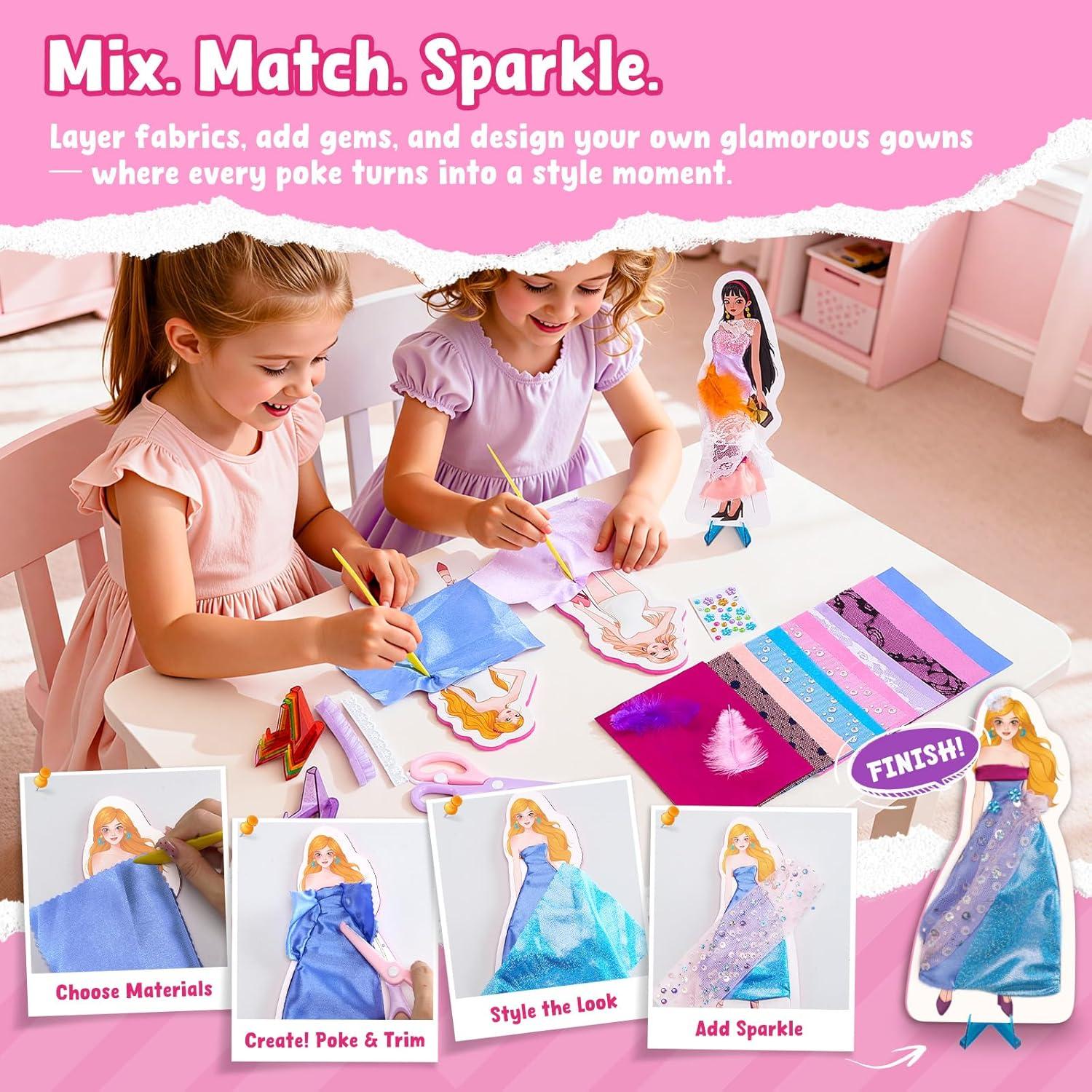 Poke-in Craft Kit for Girls, 3D Castle Princess Dress Up DIY Set with Fairy Tale Castle Scene, Paper Craft Kits, Mess-Free Creative Activity, Arts and Crafts & Birthday Gift for Girls Age 4-8 Year Old(Dress Up Fashion Kit)