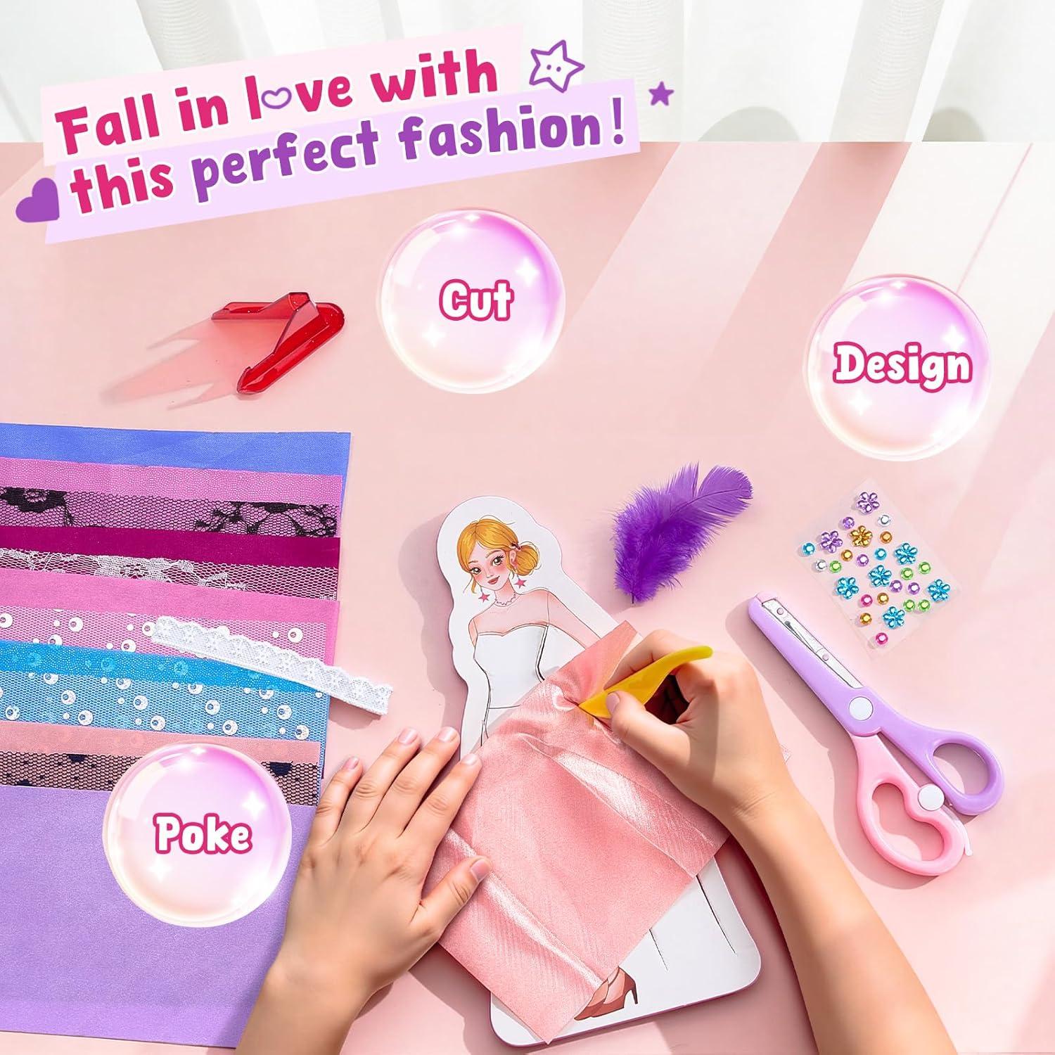 Poke-in Craft Kit for Girls, 3D Castle Princess Dress Up DIY Set with Fairy Tale Castle Scene, Paper Craft Kits, Mess-Free Creative Activity, Arts and Crafts & Birthday Gift for Girls Age 4-8 Year Old(Dress Up Fashion Kit)