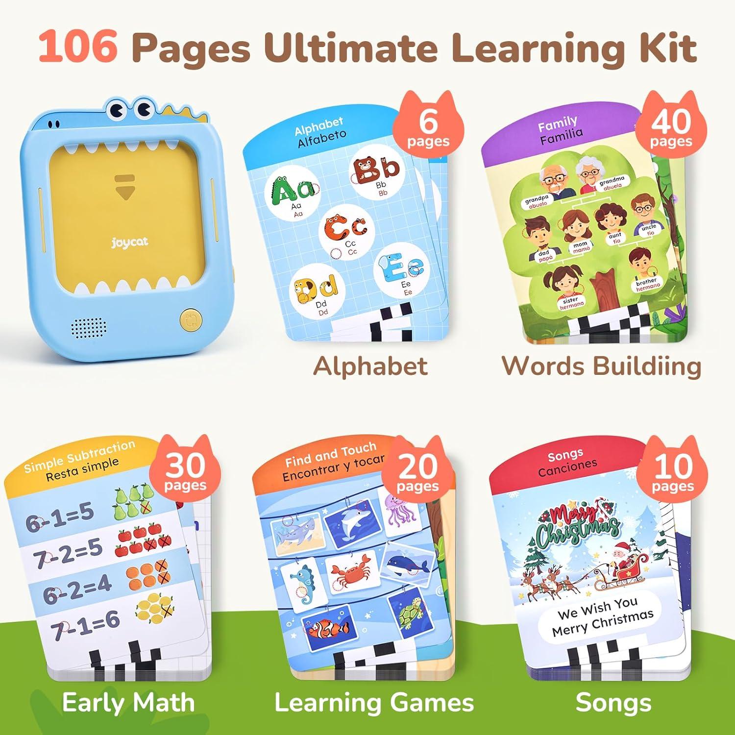 JoyCat Bilingual Spanish & English Learning Tablet, Tap-to-Read System with Interactive Games, Montessori Toy for Alphabet, Phonics, Words, Simple Math, Colors, Shapes & Songs, Learning Gifts