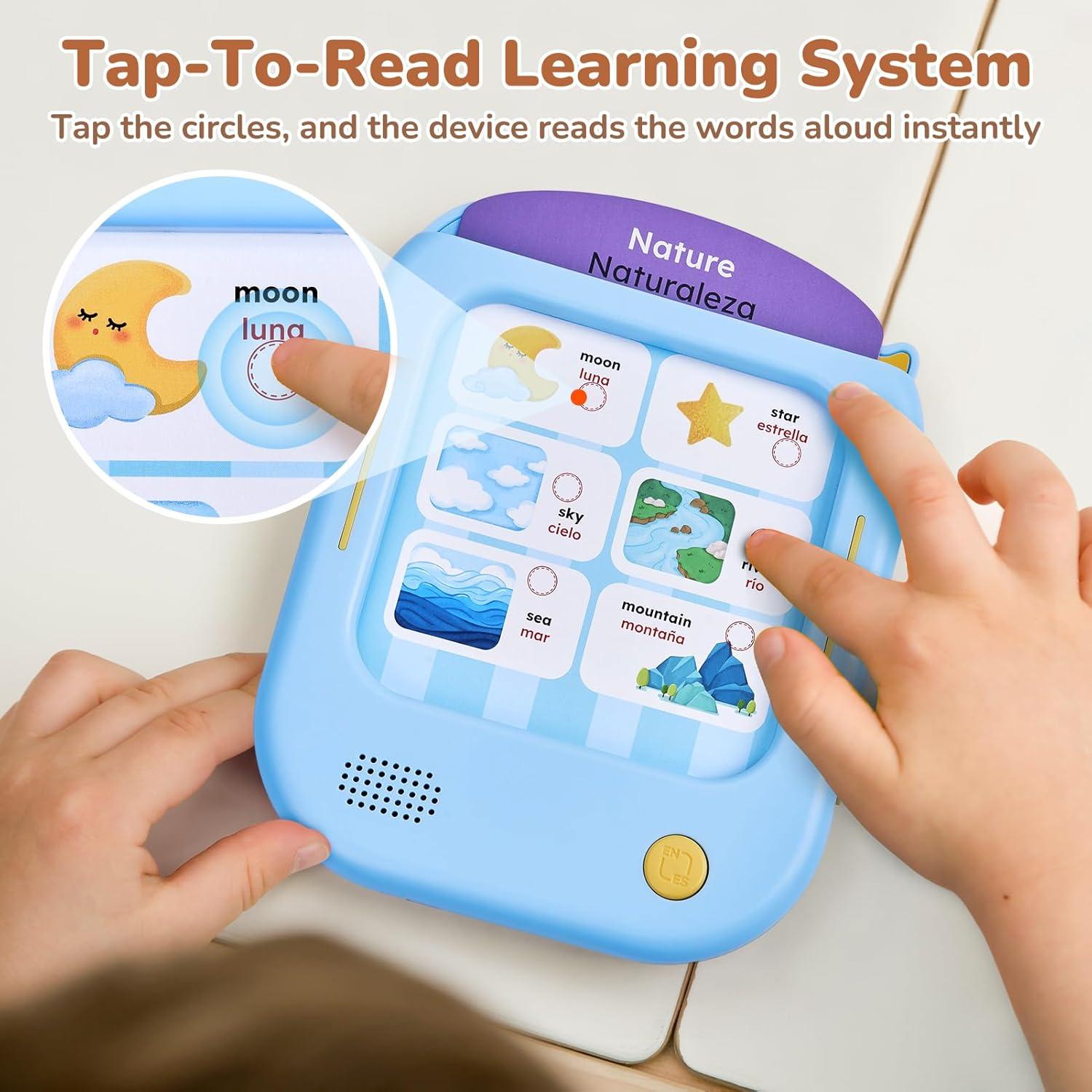JoyCat Bilingual Spanish & English Learning Tablet, Tap-to-Read System with Interactive Games, Montessori Toy for Alphabet, Phonics, Words, Simple Math, Colors, Shapes & Songs, Learning Gifts