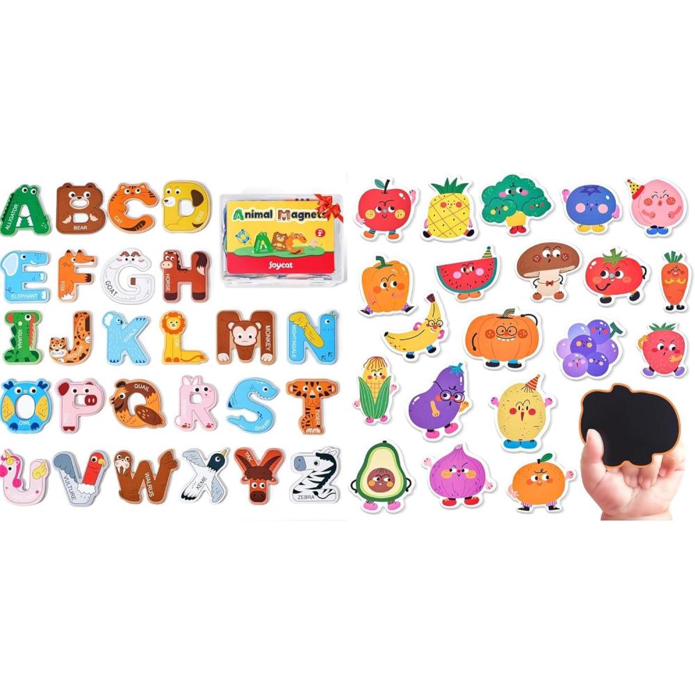JoyCat Wooden Thick Alphabet + Fruits & Vegetables Food Cartoon Magnets for Toddlers