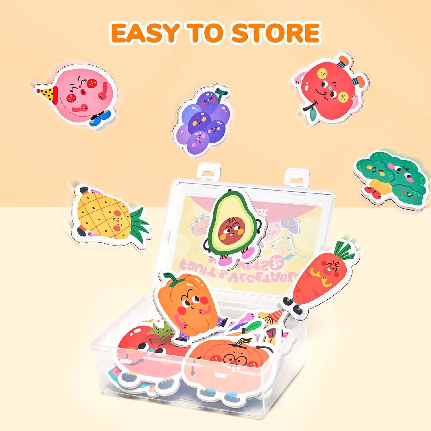 JoyCat Wooden Thick Alphabet + Fruits & Vegetables Food Cartoon Magnets for Toddlers