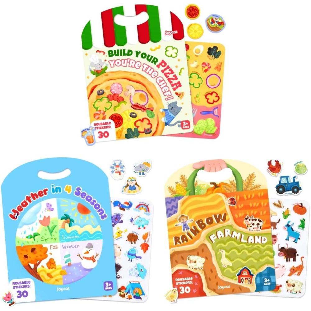 JoyCat Reusable Sticker Book Set (3-Pack): Farm, Pizza-Making, Weather, Kids Sticker Activity Book, Travel Toys for Road Trip, Car & Airplane, Educational Learning Gifts for Boys and Girls Ages 3-5