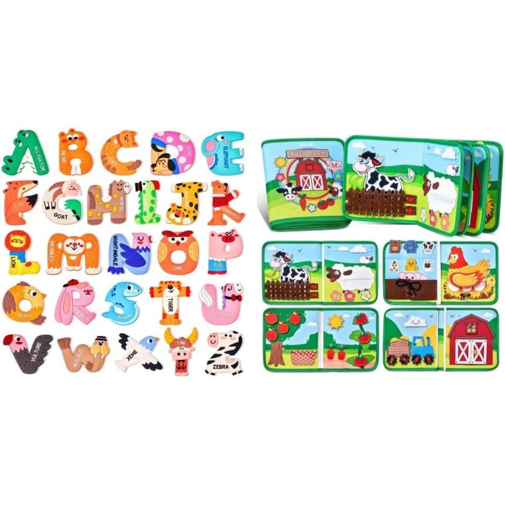 JoyCat Farm Busy Book for Toddlers 1-3 – 1 Year Old Boys Girls Gifts Toys + Magnetic Letters, Animal Fridge Magnets for Toddlers & Kids, 26 Large Soft PVC Uppercase Alphabet ABC Refrigerator Magnets