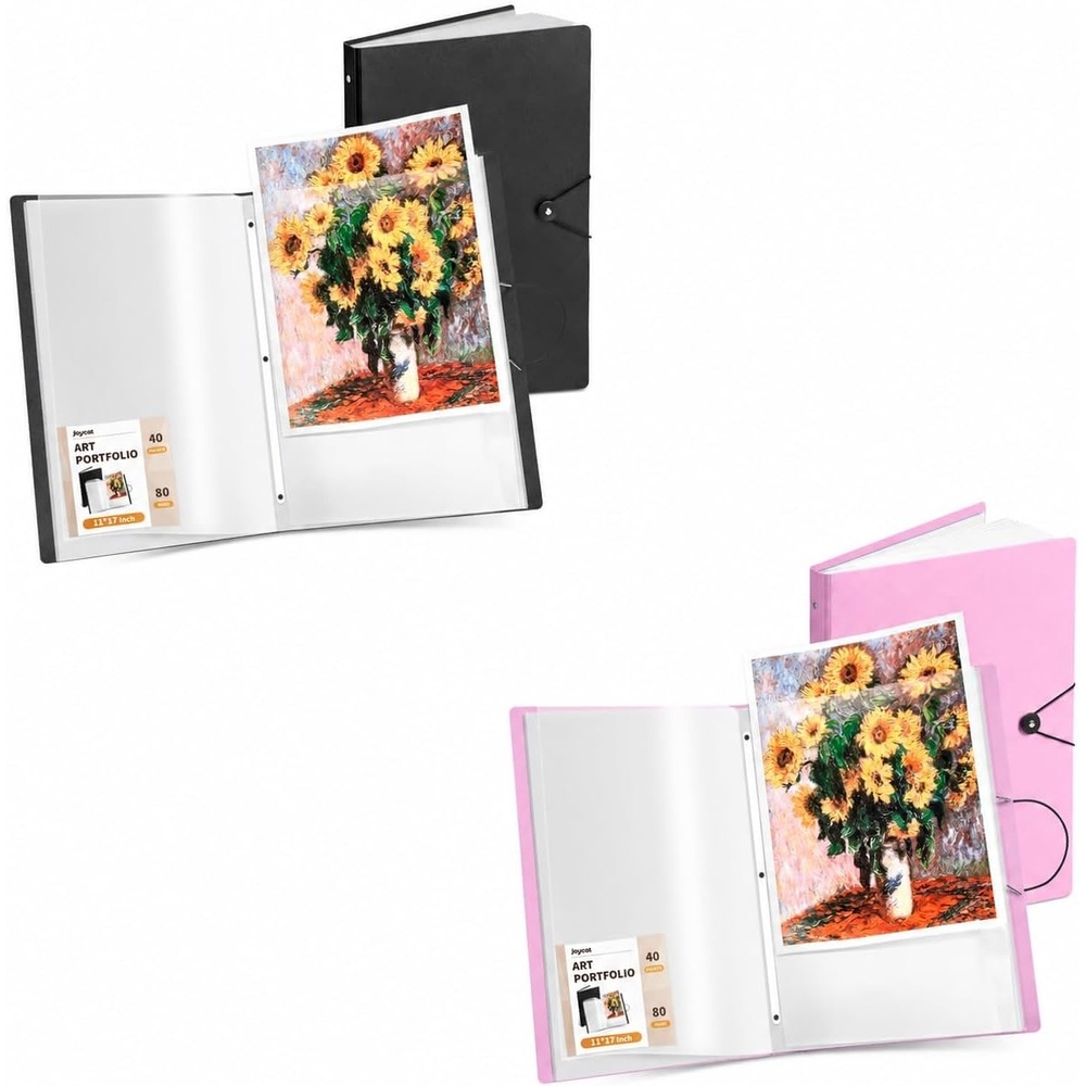 JoyCat Art Portfolio Binder Black +Pink Fits 11″x17″,40 Pockets Art Folder with Clear View Pages, 80 Sheets Presentation Binder