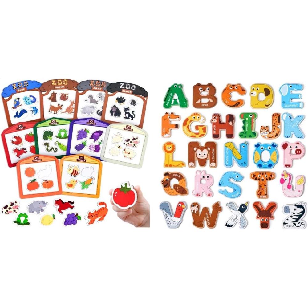JoyCat Magnetic Letters + Color Sorting Sensory Toys, 10-Piece Wooden Magnetic Color Set for Toddlers