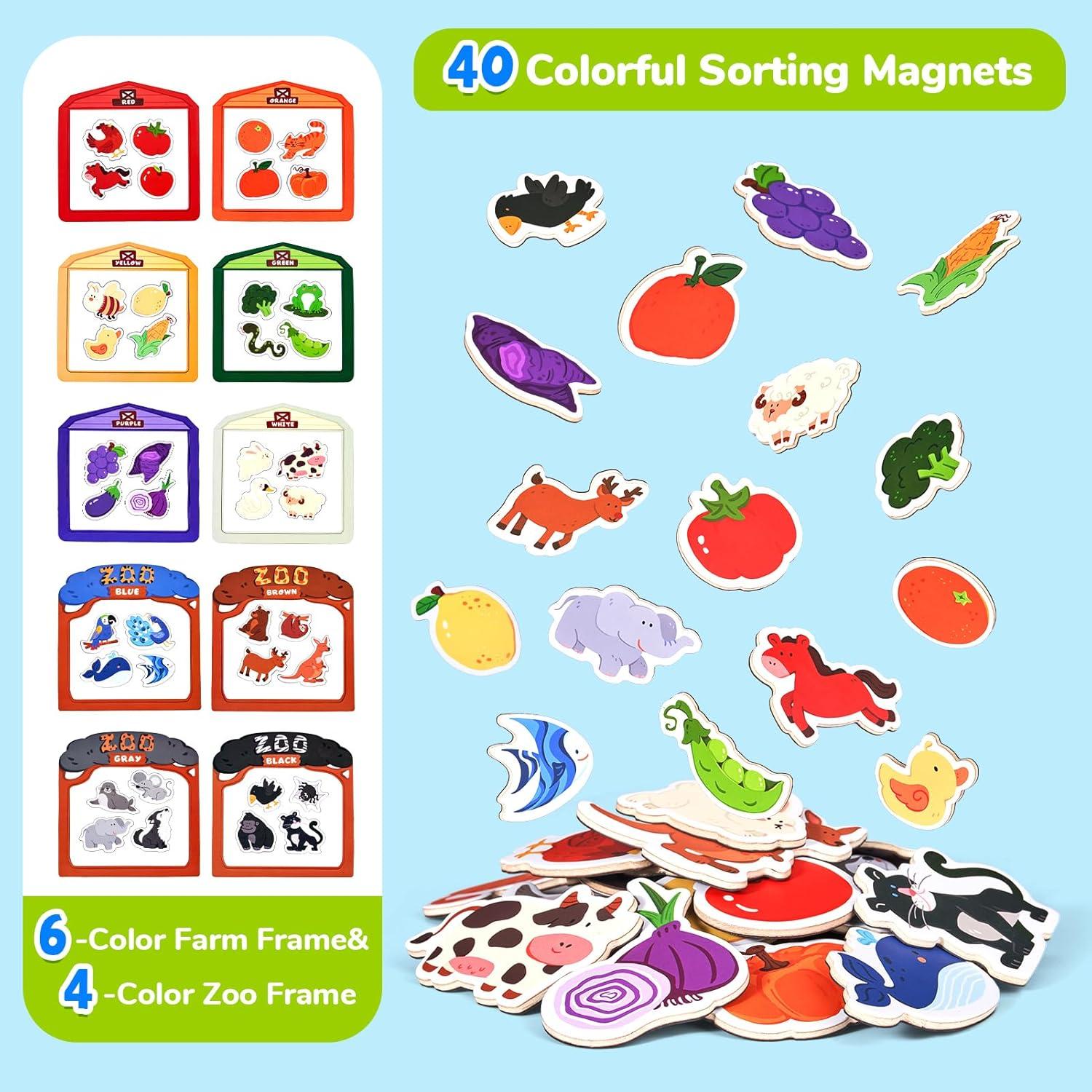 JoyCat Magnetic Letters + Color Sorting Sensory Toys, 10-Piece Wooden Magnetic Color Set for Toddlers